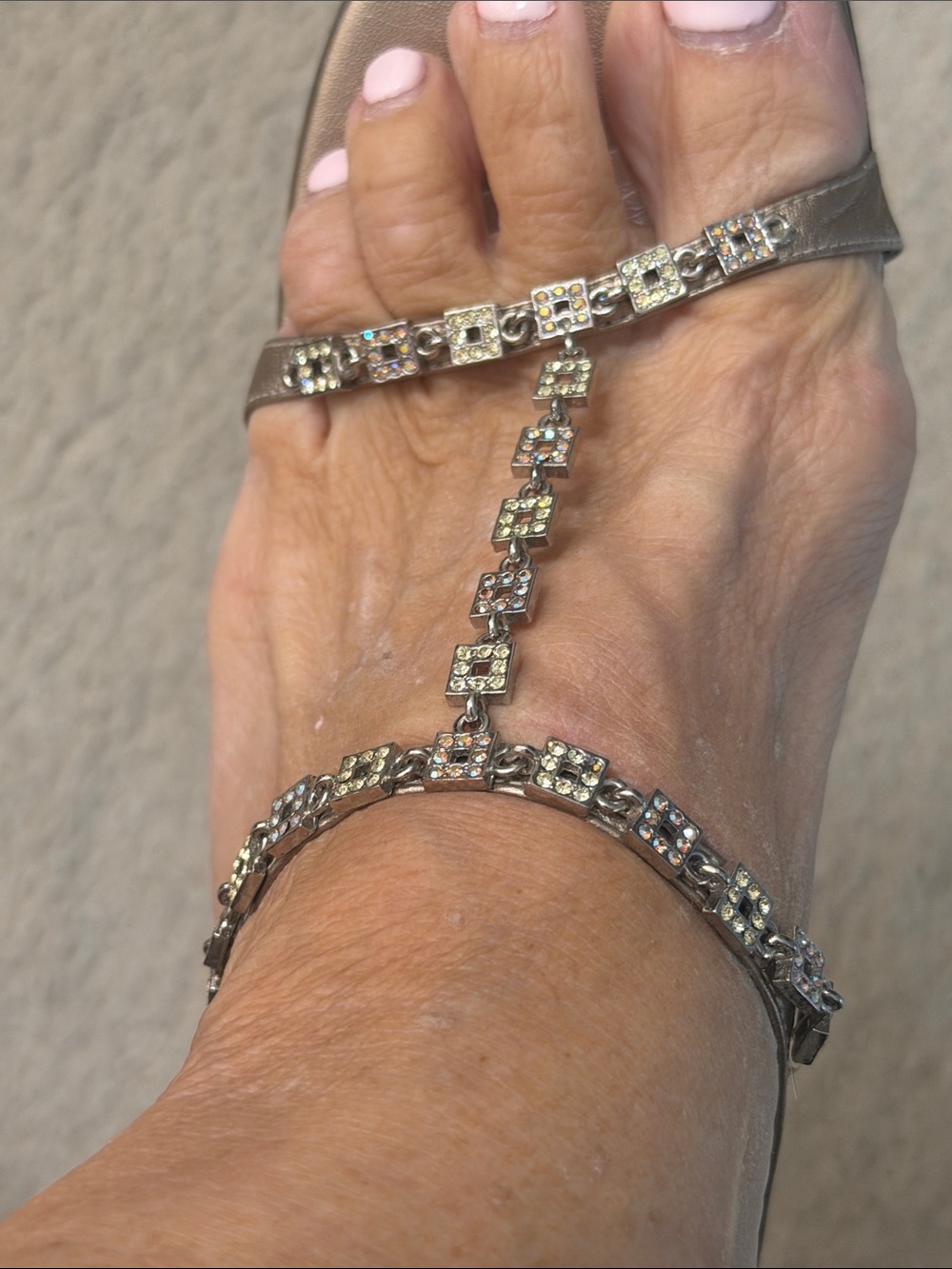 Stuart Weitzman Metallic Silver Crystal T-Strap Sandals